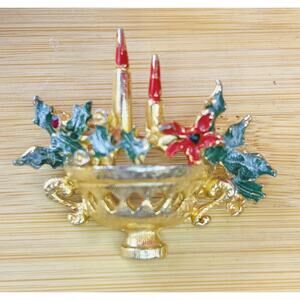 Vtg Brooch CS Christmas Candle Poinsettia Rhinestone Holly Pin Collins Scherrer